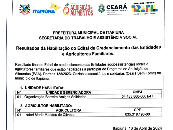 Resultado da habilitação do edital de credenciamento das entidades e agricultores familiares