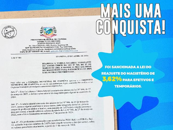 Governo de Itapiúna informa que foi sancionada a Lei do Reajuste do Magistério